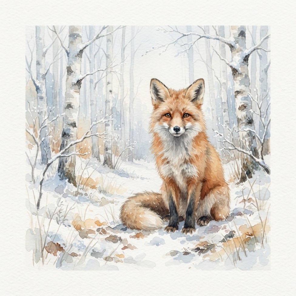 Watercolour of a red fox sitting in a snowy birch forest