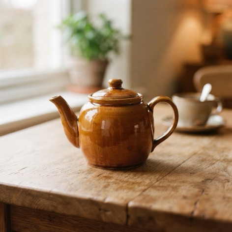 Ceramic teapot on a wooden table by a window